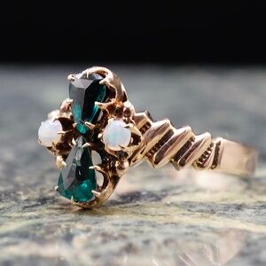 c.1880 Victorian 10k Gold Imitation Emerald Garnet Doublet and Natural Opal